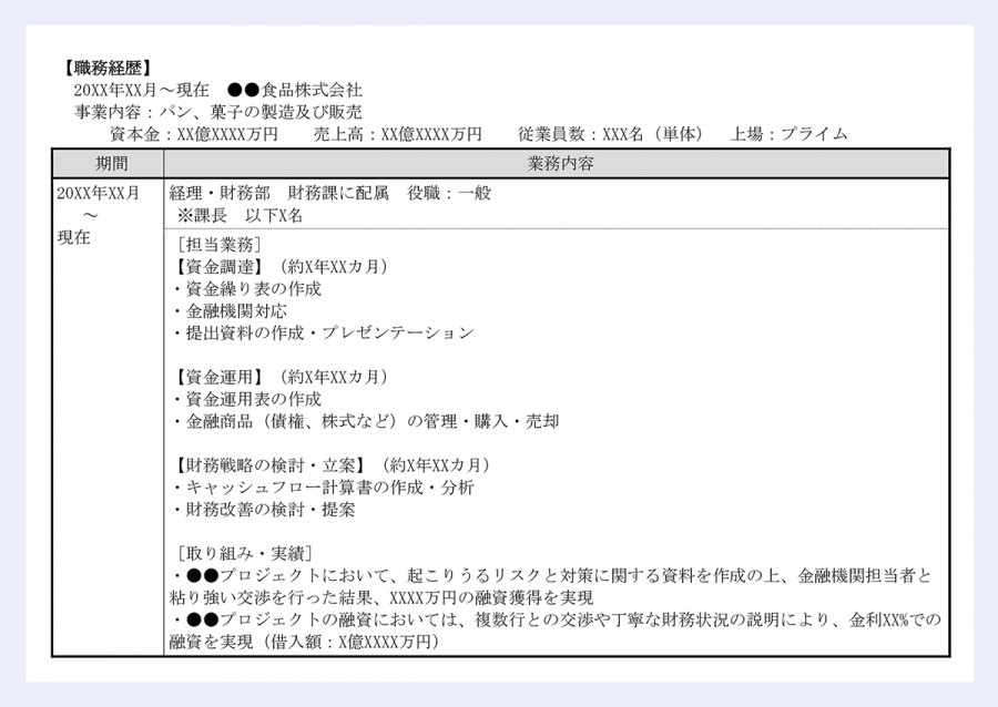 【職務経歴】 |20XX年XX月～現在 ●●食品株式会社 |事業内容：パン、菓子の製造及び販売 |資本金：XX億XXXX万円 売上高：XX億XXXX万円 従業員数：XXX名（単体） 上場：プライム |／期間 ／業務内容 |／20XX年XX月 |～ |現在 経理・財務部 財務課に配属 役職：一般 |※課長 以下X名 |／［担当業務］ |【資金調達】（約X年XXカ月） |・資金繰り表の作成 |・金融機関対応 |・提出資料の作成・プレゼンテーション |【資金運用】（約X年XXカ月） |・資金運用表の作成 |・金融商品（債権、株式など）の管理・購入・売却 |【財務戦略の検討・立案】（約X年XXカ月） |・キャッシュフロー計算書の作成・分析 |・財務改善の検討・提案 |［取り組み・実績］ |・●●プロジェクトにおいて、起こりうるリスクと対策に関する資料を作成の上、金融機関担当者と粘り強い交渉を行った結果、XXXX万円の融資獲得を実現 |・●●プロジェクトの融資においては、複数行との交渉や丁寧な財務状況の説明により、金利XX%での融資を実現（借入額：X億XXXX万円）