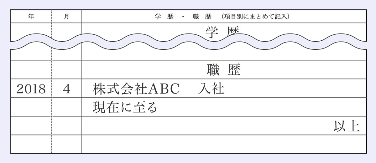 履歴書職歴欄記入例|職歴 2018年4月株式会社ABC 入社 現在に至る 以上