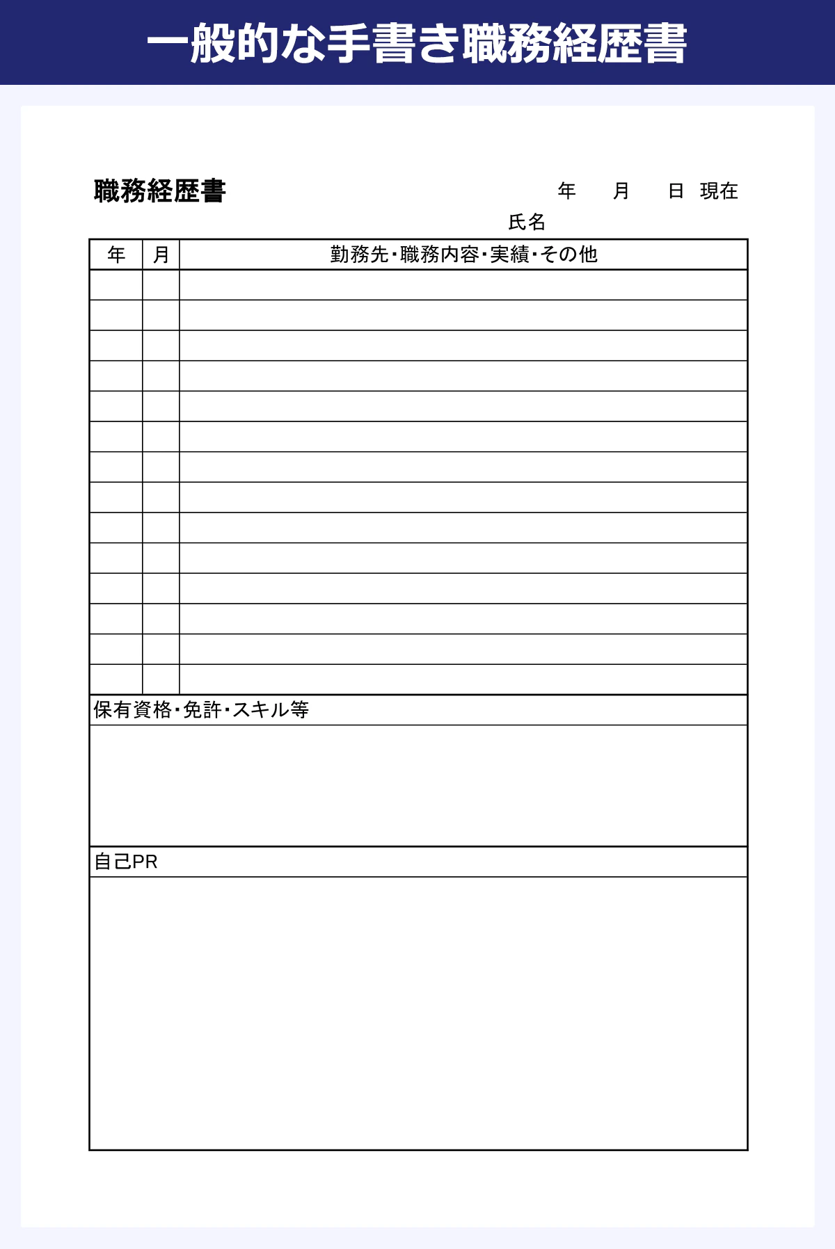 【一般的な手書き職務経歴書のサンプル】