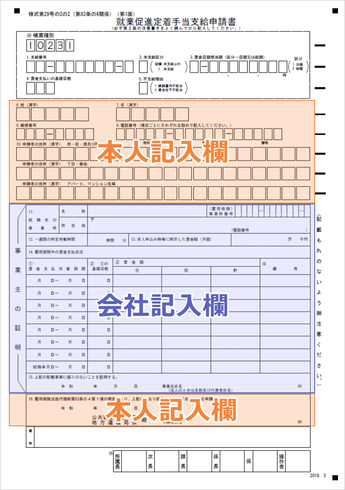 就業促進定着手当支給申請書の本人記入欄・会社記入欄のイメージ