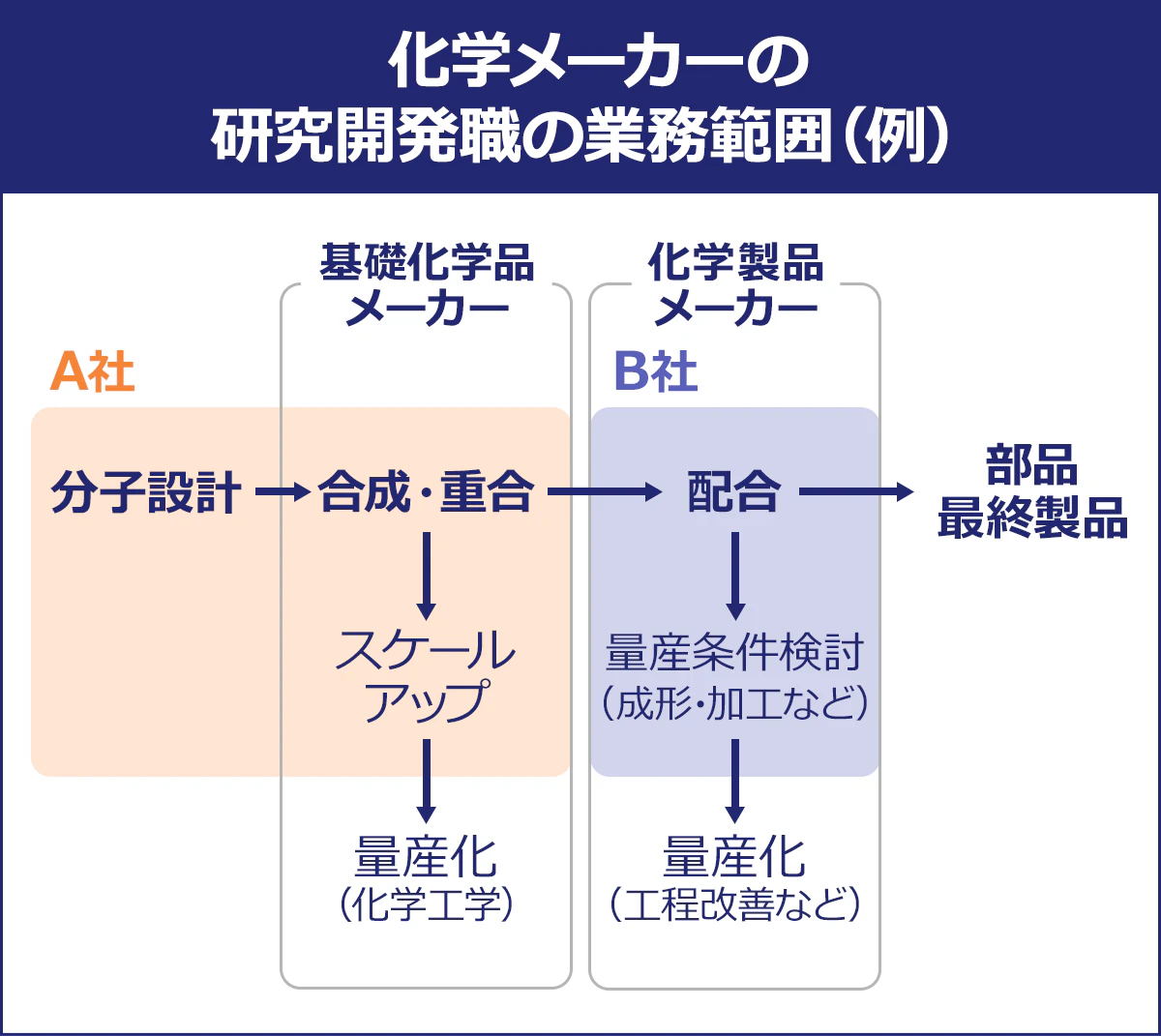 【化学メーカーの研究開発職の業務範囲(例)】A社の場合…分子設計→合成・重合→スケールアップ、B社の場合…配合→量産条件検討(成形・加工など)
