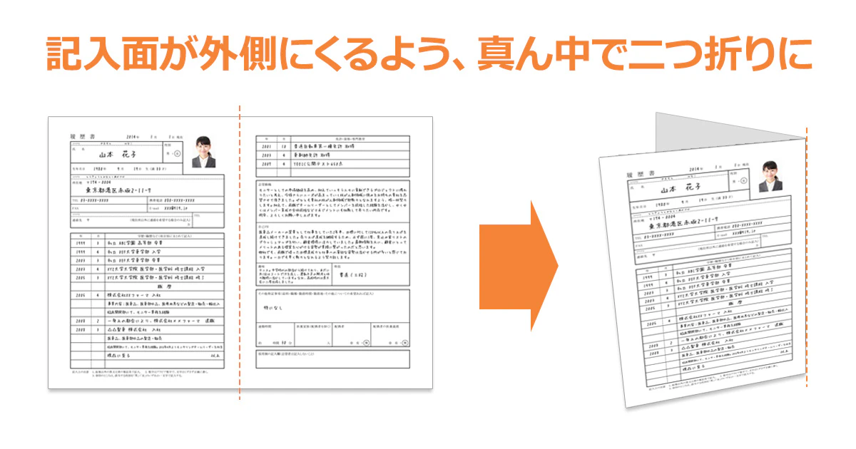 履歴書の記入面が外側にくるよう、真ん中で二つ折りにする