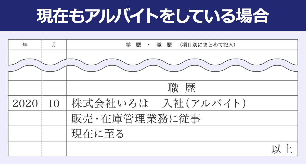現在もアルバイトをしている場合の職歴欄の記入例