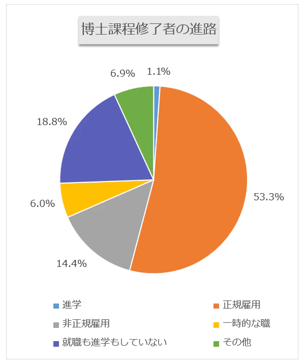 「博士課程修了者の進路」を示した円グラフ。正規雇用：53.3％、非正規雇用：14.4％、一時的な職：6.0％、就職も進学もしていない：18.8％、その他：6.9％、進学：1.1％。