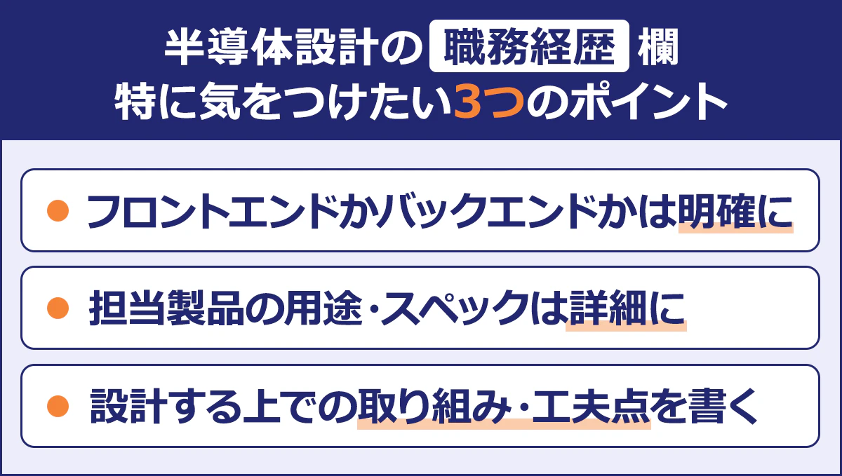 半導体設計の職務経歴欄|特に気をつけたい3つのポイント|/フロントエンドかバックエンドかは明確に|担当製品の用途・スペックは詳細に|設計する上での取り組み・工夫点を書く|