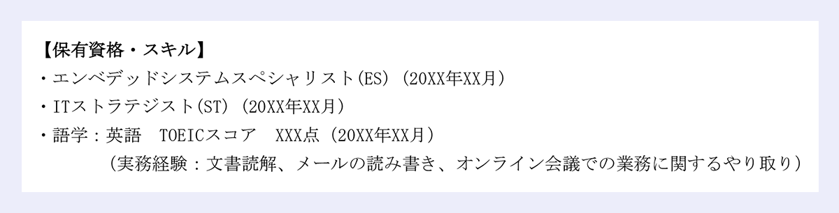 【保有資格・スキル】 |・エンベデッドシステムスペシャリスト(ES) (20XX年XX月) |・ITストラテジスト(ST) (20XX年XX月) |・語学：英語 TOEICスコア XXX点（20XX年XX月） |（実務経験：文書読解、メールの読み書き、オンライン会議での業務に関するやり取り）