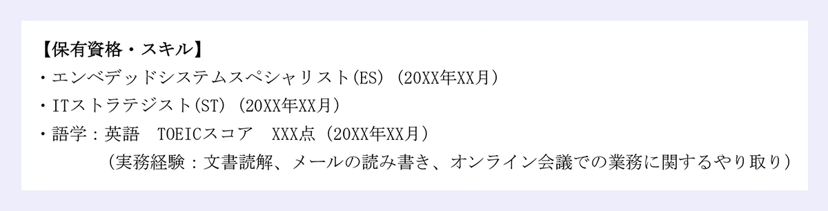 【保有資格・スキル】 |・エンベデッドシステムスペシャリスト(ES) (20XX年XX月) |・ITストラテジスト(ST) (20XX年XX月) |・語学：英語 TOEICスコア XXX点（20XX年XX月） |（実務経験：文書読解、メールの読み書き、オンライン会議での業務に関するやり取り）
