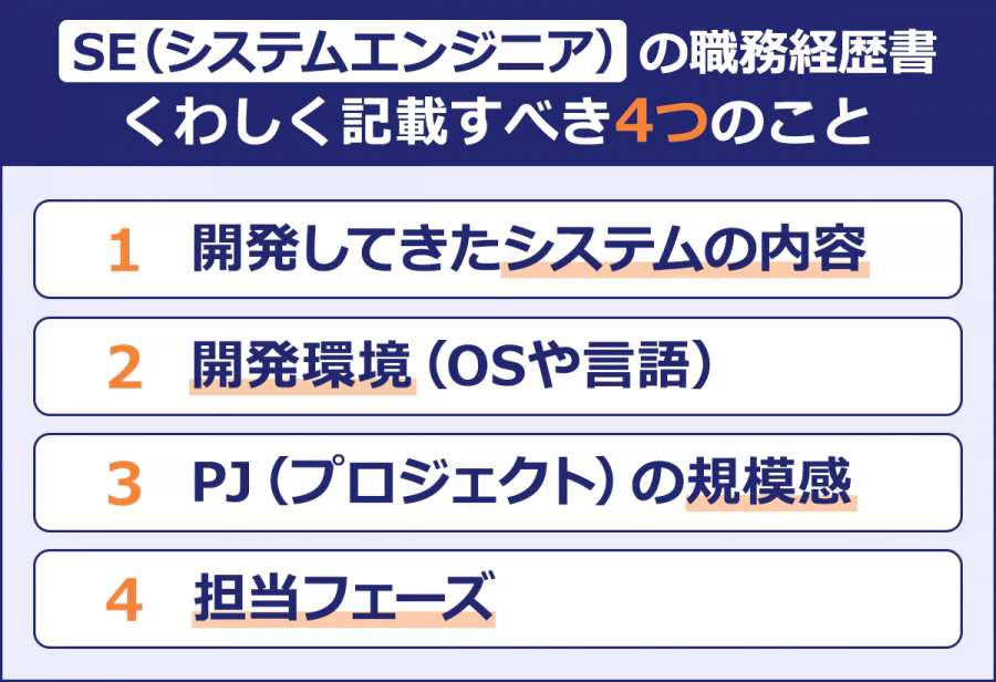 SE（システムエンジニア）の職務経歴書でくわしく記載すべき4つのこと：開発してきたシステムの内容／開発環境（OSや言語）／PJ（プロジェクト）の規模感／担当フェーズ