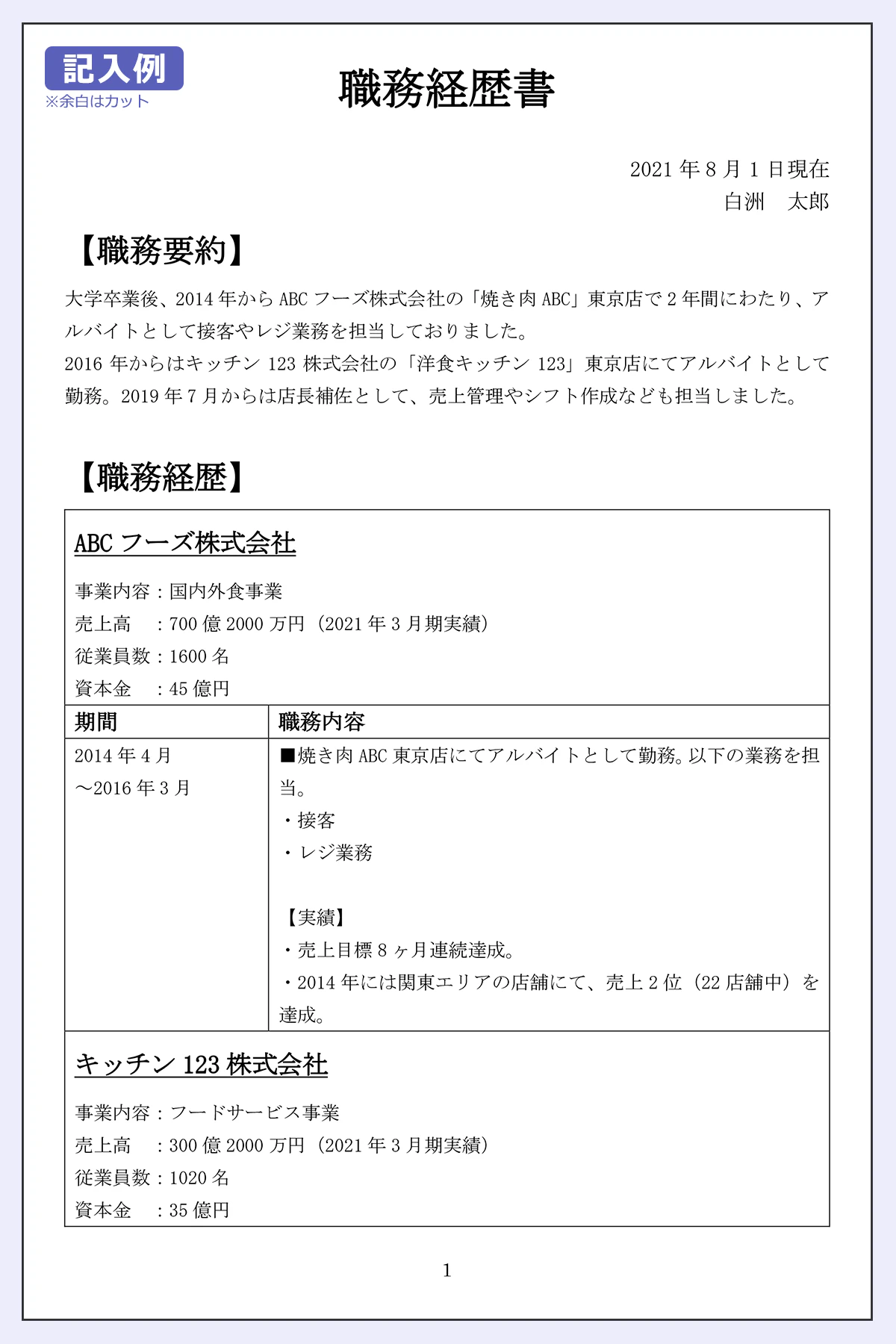 アルバイト経験を職務経歴書の書く場合の見本画像