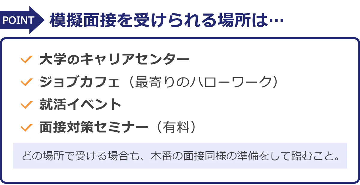 この記事のポイント：模擬面接を受けられる場所は（1）大学のキャリアセンター（2）ジョブカフェ※最寄りのハローワーク（3）就活イベント（4）面接対策セミナー※有料。どの場所で受ける場合も、本番の面接同様の準備をして臨むこと。