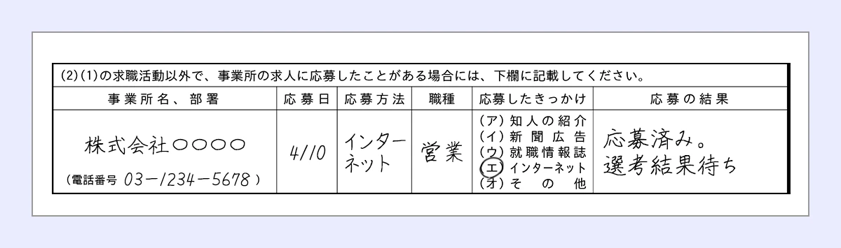 事業所名・部署…株式会社〇〇〇〇 ｜電話番号（03－1234－5678） ｜応募日…4/10 ｜応募方法…インターネット ｜職種…営業 ｜応募したきっかけ…エに丸 ｜応募の結果…応募済み。選考結果待ち