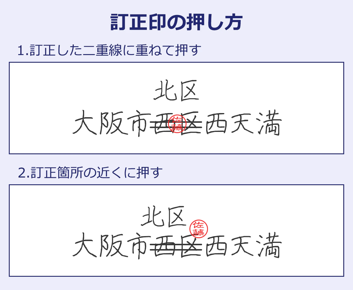 【訂正印の押し方】1.訂正した二重線に重ねて押す／2.訂正箇所の近くに押す