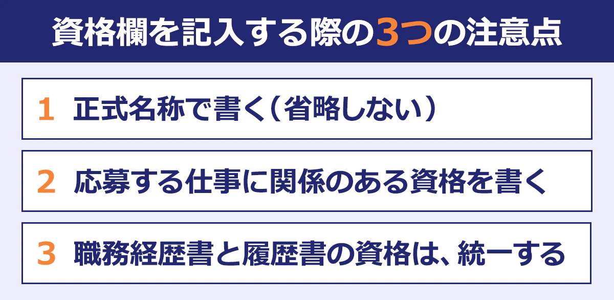 （1）正式名称で書く（省略しない） （2）応募する仕事に関係のある資格を書く （3）職務経歴書と履歴書の資格は統一する