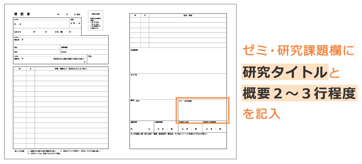 履歴書の「ゼミ・研究課題」欄に、研究タイトルと概要を２～３行程度記入する。