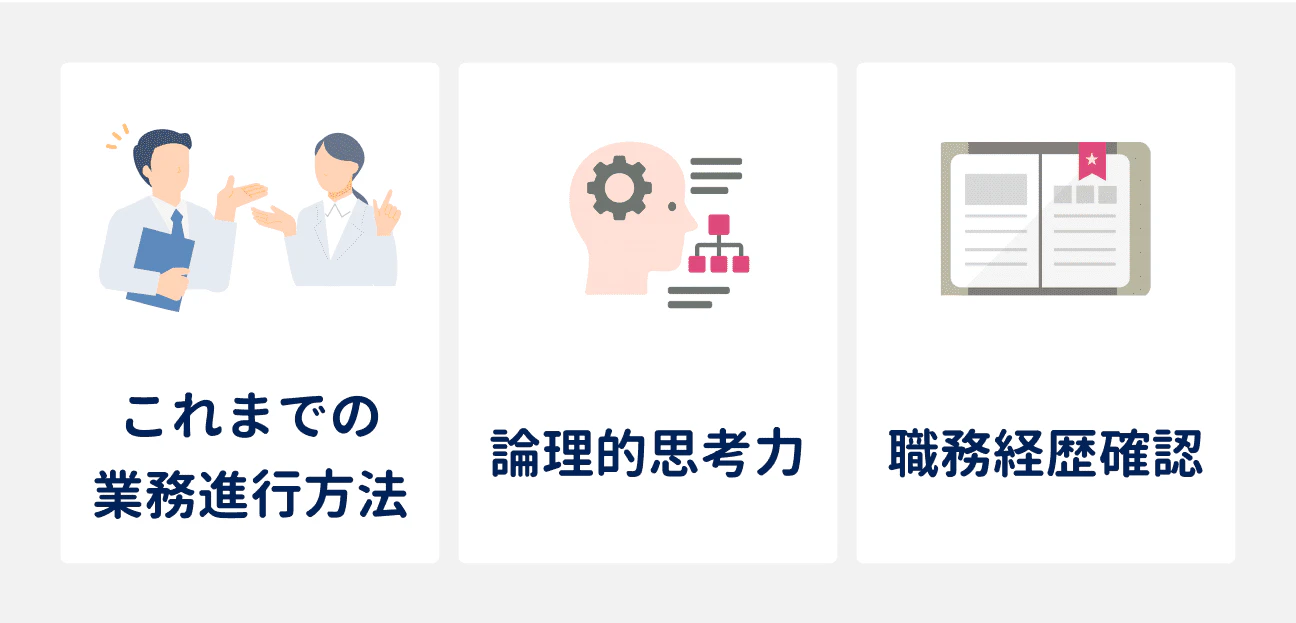 特に面接選考で重視される3つのこと｜（1）これまでの業務進行方法、（2）論理的思考力、（3）職務経歴の確認