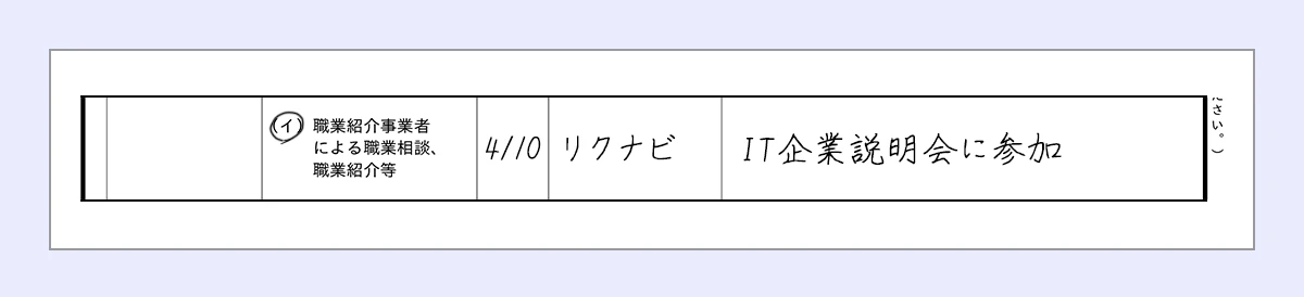 イに丸 ｜活動日…4/10 ｜利用した期間の名称…リクナビ ｜求職活動の内容…IT企業説明会に参加