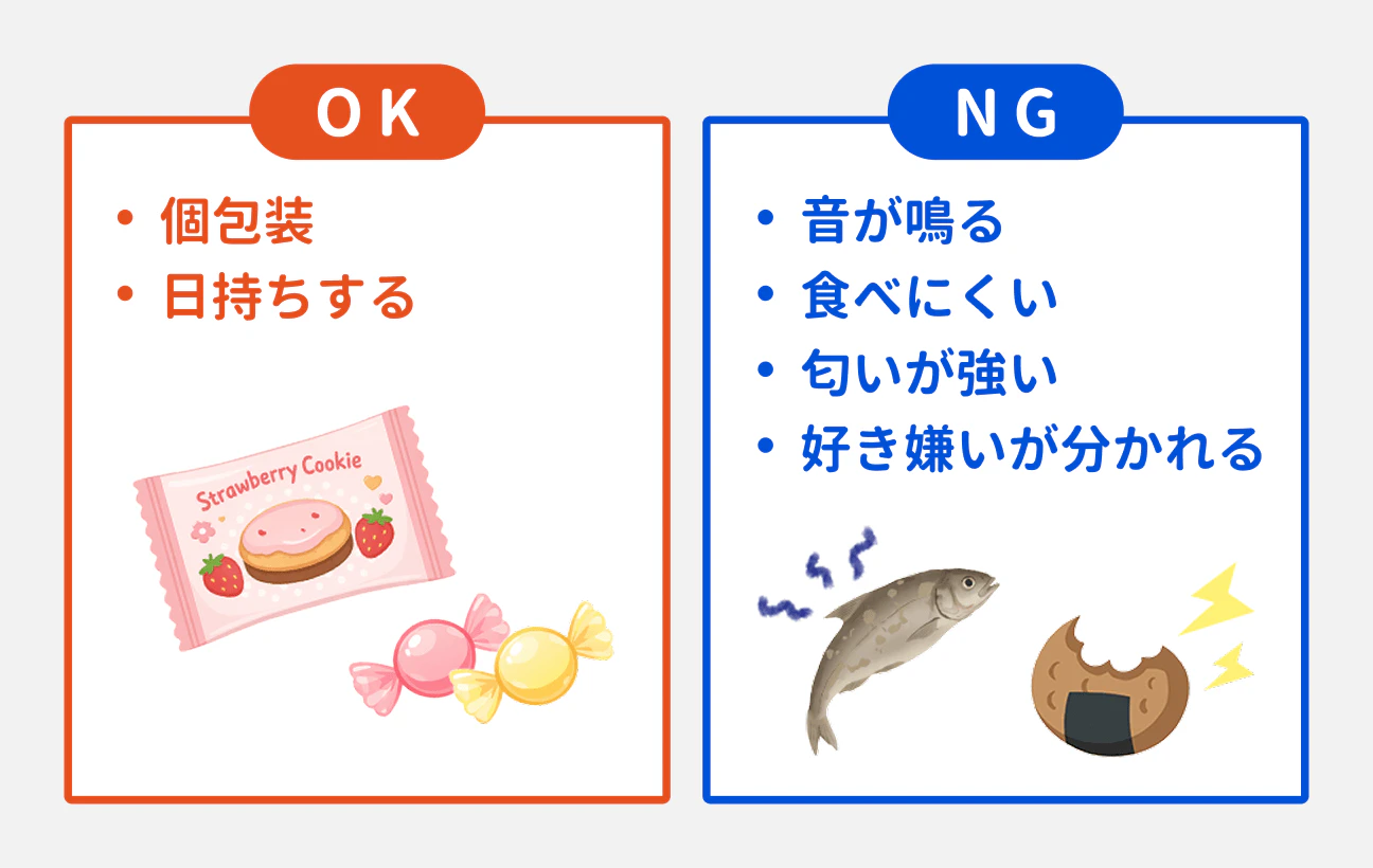 退職の挨拶で配るお菓子の「OK」と「NG」の基準を比較した図解。【OKの条件】「個包装」「日持ちする」（イラスト：ストロベリークッキー、キャンディ）。【NGの条件】「音が鳴る」「食べにくい」「匂いが強い」「好き嫌いが分かれる」（イラスト：匂いの強い魚、音の鳴るかじりかけのお煎餅）。