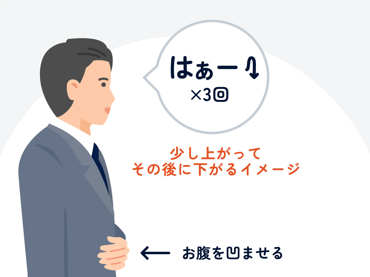 発声の練習方法のイメージ図。「はぁあぁぁぁぁぁ↷」と2秒ほど、お腹を凹ませながら息を出す。