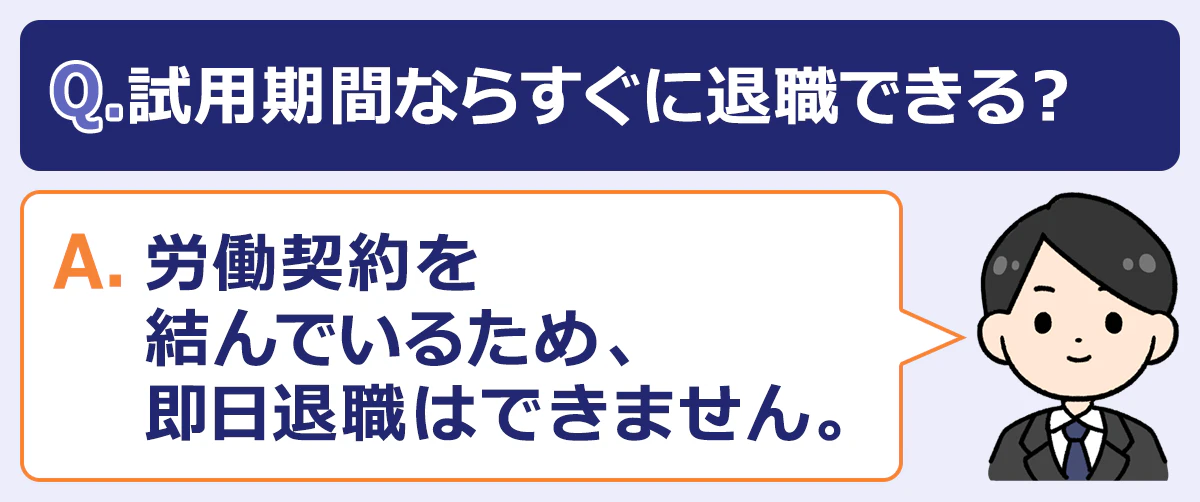 Q.試用期間中ならすぐに退職できる?A. 労働契約を結んでいるため、即日退職はできない