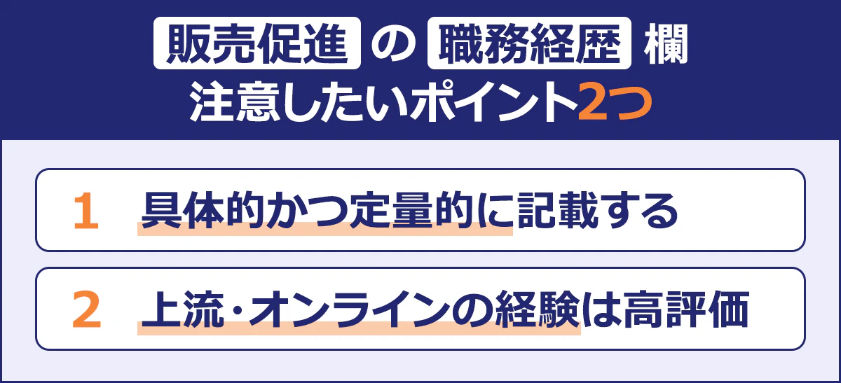 ~販売促進の職務経歴欄 注意したいポイント2つ~|1)具体的かつ定量的に記載する|2)上流・オンラインの経験は高評価