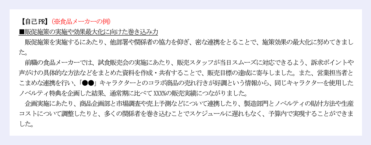 【自己PR】(※食品メーカーの例)|■販促施策の実施や効果最大化に向けた巻き込み力|販促施策を実施するにあたり、他部署や関係者の協力を仰ぎ、密な連携をとることで、施策効果の最大化に努めてきました。|前職の食品メーカーでは、試食販売会の実施にあたり、販売スタッフが当日スムーズに対応できるよう、訴求ポイントや声がけの具体的な方法などをまとめた資料を作成・共有することで、販売目標の達成に寄与しました。また、営業担当者とこまめな連携を行い、「●●」キャラクターとのコラボ商品の売れ行きが好調という情報から、同じキャラクターを使用したノベルティ特典を企画した結果、通常期に比べてXXX%の販売実績につながりました。|企画実施にあたり、商品企画部と市場調査や売上予測などについて連携したり、製造部門とノベルティの貼付方法や生産コストについて調整したりと、多くの関係者を巻き込むことでスケジュールに遅れもなく、予算内で実現することができました。