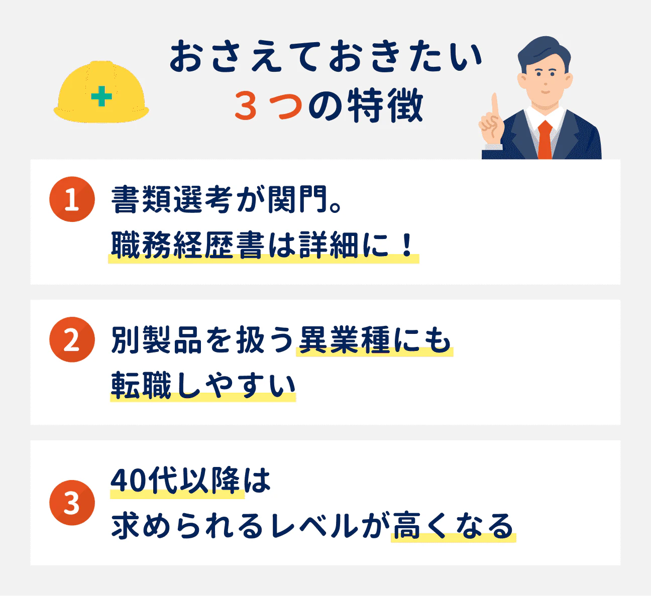 おさえておきたい3つの特徴｜（1）書類選考が関門。職務経歴書は詳細に！｜（2）別製品を扱う異業種にも転職しやすい｜（3）40代以降は求められるレベルが高くなる