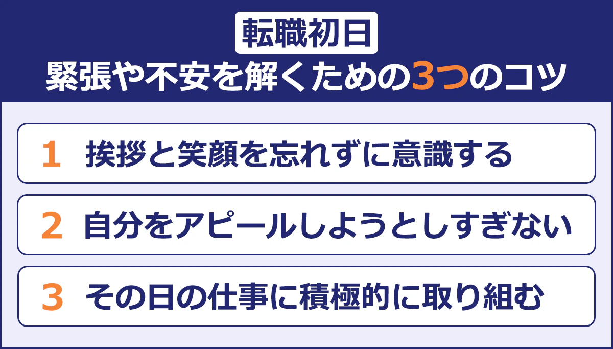 【転職初日】 緊張や不安を解くための3つのコツ ■挨拶と笑顔を忘れずに意識する ■自分をアピールしようとしすぎない ■その日の仕事に積極的に取り組む