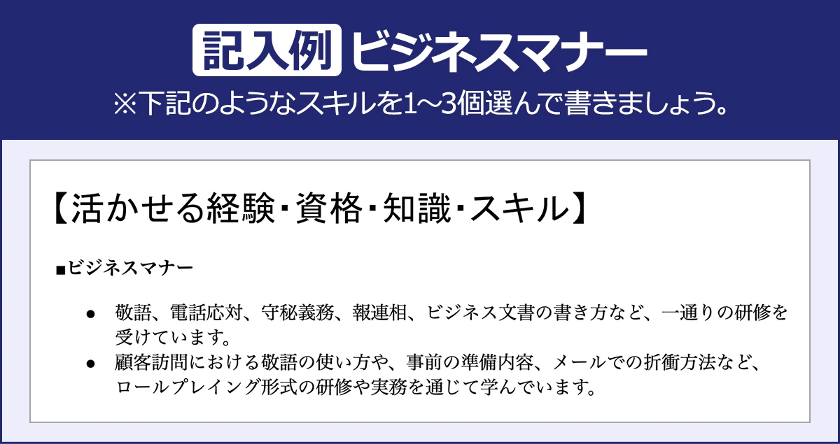 【記入例：ビジネスマナー】※下記のようなスキルを１～３個選んで書きましょう。【活かせる経験・資格・知識・スキル】■ビジネスマナー｜敬語、電話応対、守秘義務、報連相、ビジネス文書の書き方など、一通りの研修を受けています。顧客訪問における敬語の使い方や、事前の準備内容、メールでの折衝方法など、ロールプレイング形式の研修や実務を通じて学んでいます。
