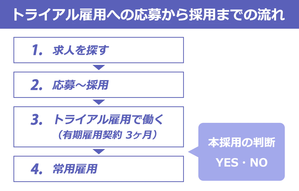 トライアル雇用への応募から採用までの流れ。（1）求人を探す→（2）応募～採用→（3）トライアル雇用で働く→【本採用の判断】→（4）常用雇用