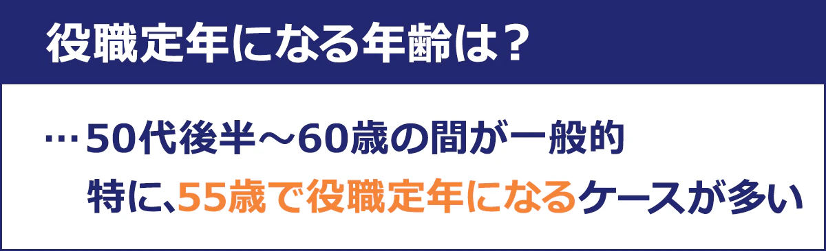 役職定年になる年齢は？50代後半～60歳の間が一般的。特に55歳で役職定年になるケースが多い。