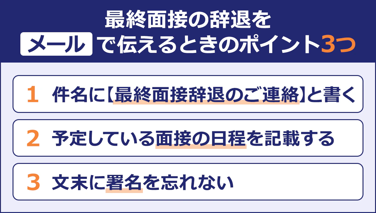 【最終面接の辞退をメールで伝えるときのポイント3つ】1／件名に【最終面接辞退のご連絡】と書く／2／予定している面接の日程を記載する／3／文末に署名を忘れない