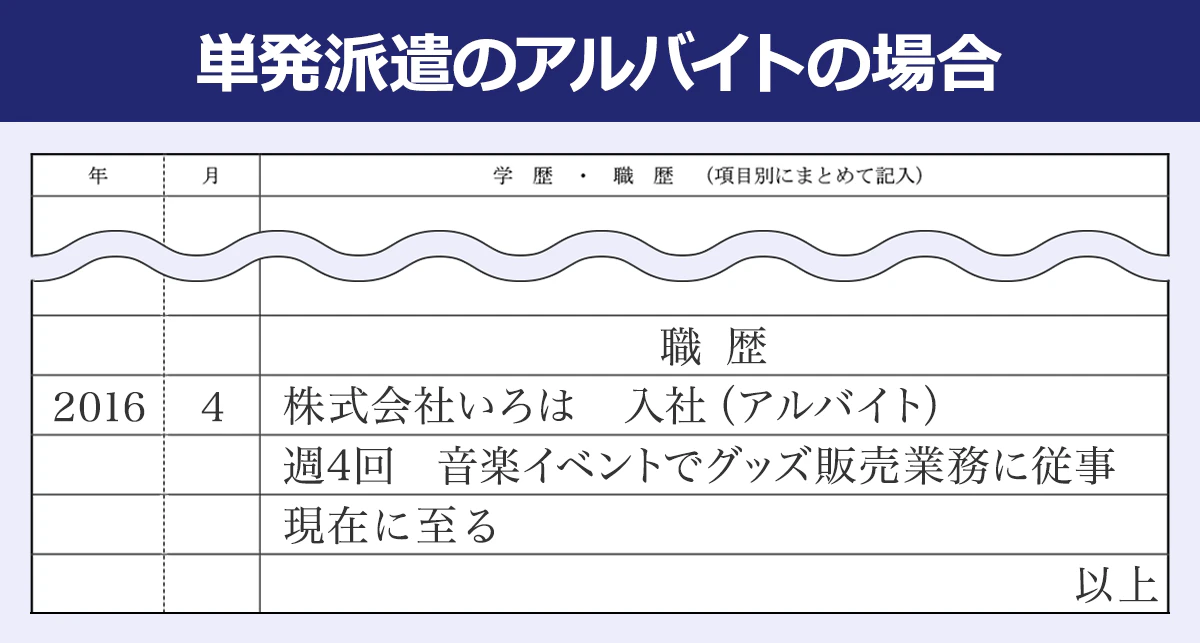 見本画像:単発派遣のアルバイトの場合の職歴