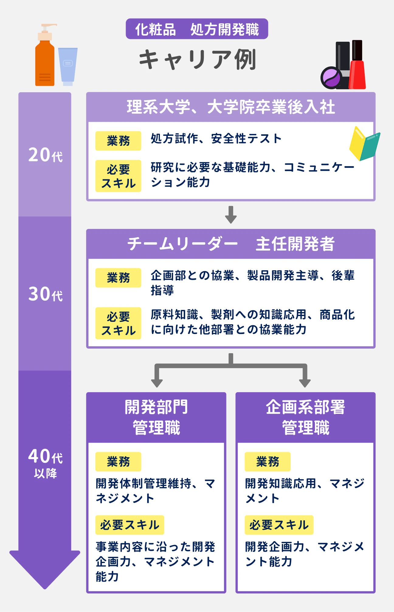 処方開発職のキャリア例|20代:理系大学、大学院を卒業後入社し、処方試作や安全性テストを担当。必要スキルは、研究に必要な基礎能力・コミュニケーション能力|30代:チームリーダー・主任開発者として企画部との協業や製品開発の主導、後輩指導を担当。必要スキルは、原料知識・製剤への知識応用・商品化に向けた他部署との協業能力|40代以降はキャリアパスが「開発部門管理職」と「企画系部署管理職」に分岐する。開発部門管理職は、開発体制の管理維持やマネジメントを担当。必要スキルは、事業内容に沿った開発企画力、マネジメント能力。企画系部署管理職は、開発知識応用やマネジメントを担当。必要スキルは、開発企画力とマネジメント能力。