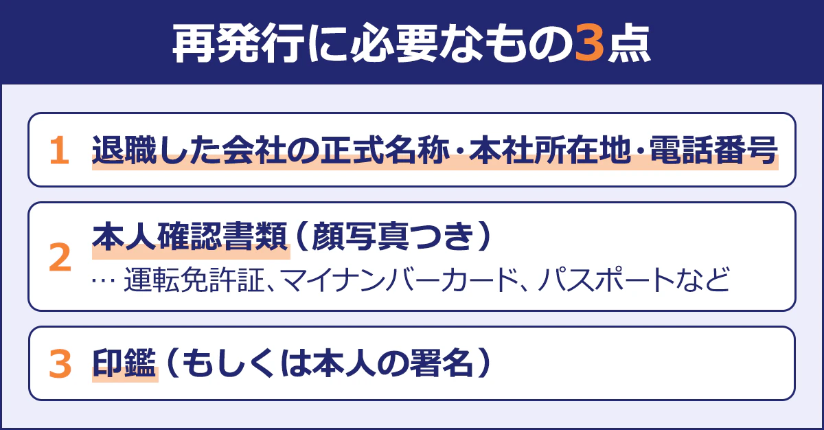 ハローワークの再発行で必要なもの3点。退職した会社の正式名称・本社所在地・電話番号、本人確認書類（顔写真付き）、印鑑（本人の署名でも可）