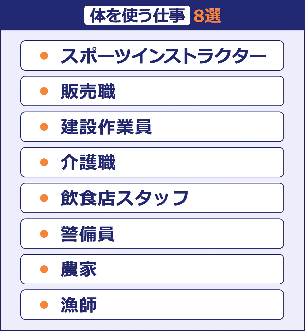 【体を使う仕事8選】スポーツインストラクター/・販売職/・建設作業員/・介護職/・飲食店スタッフ/・警備員/・農家/・漁師