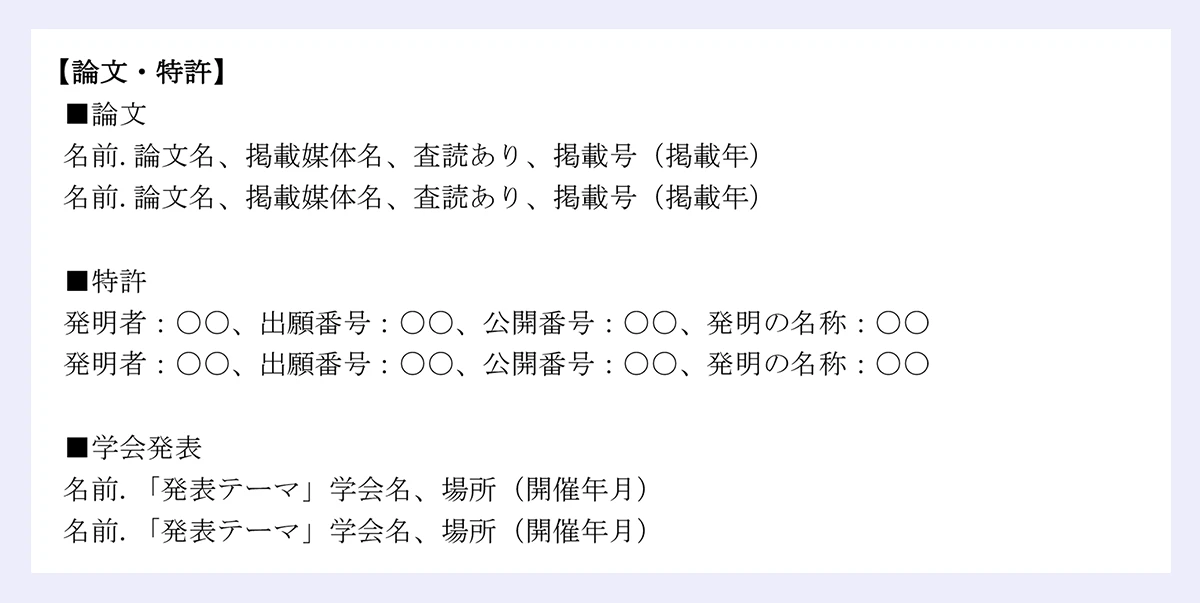 【論文・特許】|■論文|名前.論文名、掲載媒体名、査読あり、掲載号(掲載年)|名前.論文名、掲載媒体名、査読あり、掲載号(掲載年)|■特許|発明者:〇〇、出願番号:〇〇、公開番号:〇〇、発明の名称:〇〇|発明者:〇〇、出願番号:〇〇、公開番号:〇〇、発明の名称:〇〇|■学会発表|名前.「発表テーマ」学会名、場所(開催年月)|名前.「発表テーマ」学会名、場所(開催年月)
