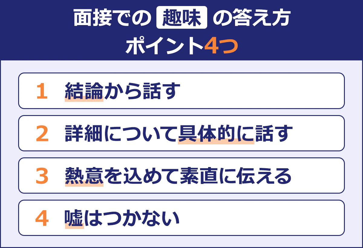 【面接での趣味の答え方/ポイント4つ】結論から話す/詳細について具体的に話す/熱意を込めて素直に伝える/嘘はつかない