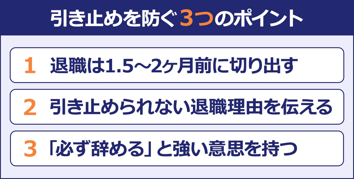 【引き止めを防ぐ3つのポイント】1／退職は1.5～2ヶ月前に切り出す／2／引き止められない退職理由を伝える／3／「必ず辞める」という強い意思を持つ